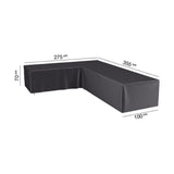 Right-hand L-shape outdoor furniture cover in anthracite polyester, shown on a white background with dimensions 355 x 275 x 100 x 70 cm.