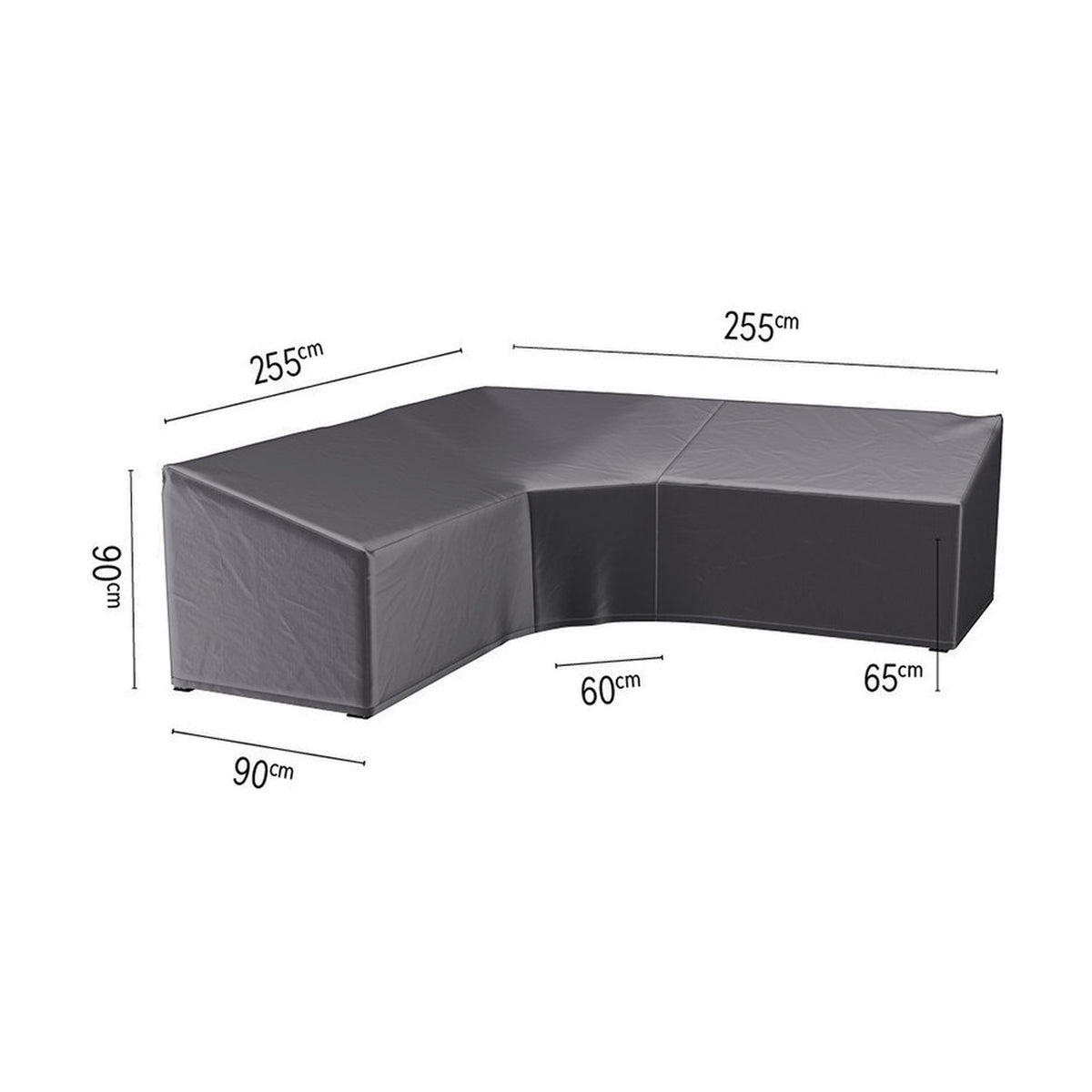 Anthracite fabric L-shaped corner sofa cover, Aerocover Trapeeze, shown with dimensions 255 x 255 x 90cm, on a plain white background.