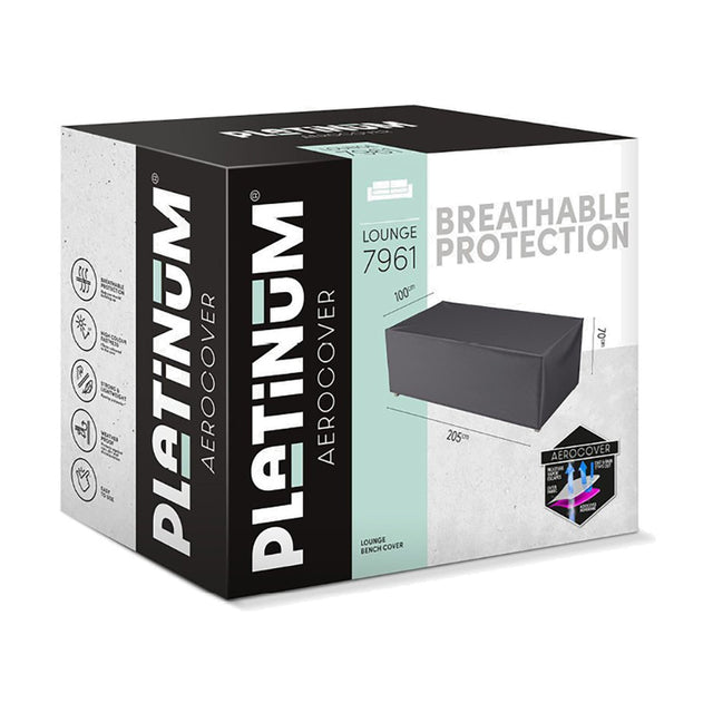 Platinum Aerocover packaging box for the Lounge 7961 bench cover, 205 x 100 x 70cm, shown alongside an anthracite fabric cover image with breathable protection labelling.