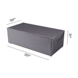 Rectangular garden furniture cover in anthracite fabric, fitted over a bench shape with dimension labels showing 205cm length, 100cm width and 70cm height, on a plain white background.