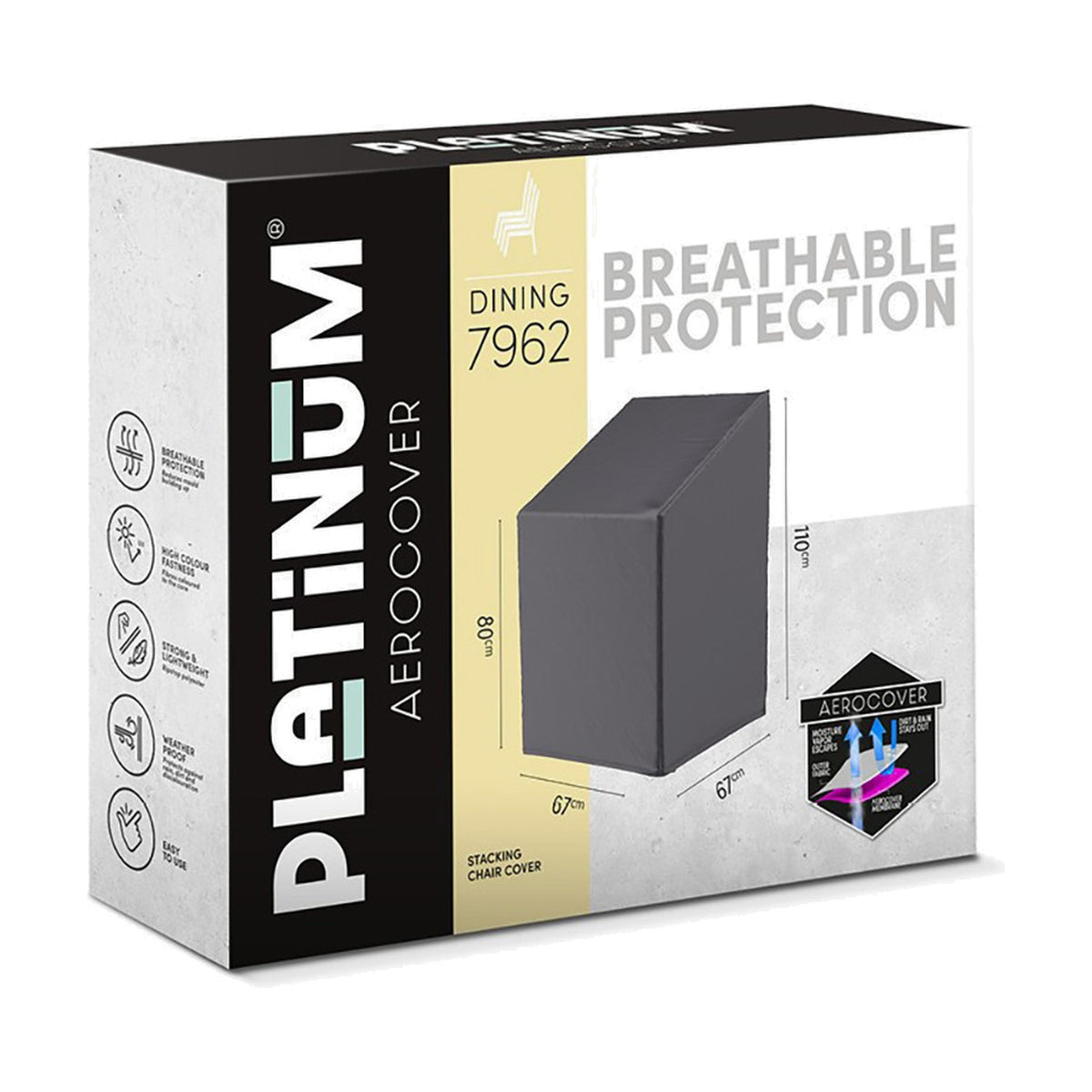 Product packaging for Platinum Aerocover stacking chair cover, anthracite fabric, 67 x 67 x 80/110cm, shown in grey and black box with dimensions and breathable protection icons.