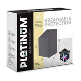 Product packaging for Platinum Aerocover stacking chair cover, anthracite fabric, 67 x 67 x 80/110cm, shown in grey and black box with dimensions and breathable protection icons.