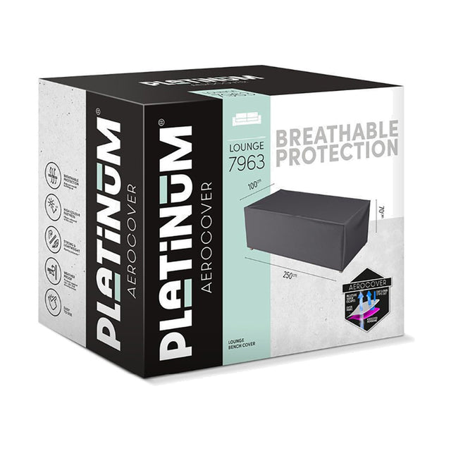Platinum Aerocover packaging box for a 250 x 100cm lounge bench cover, shown alongside an anthracite fabric outdoor furniture cover with dimensions labelled.