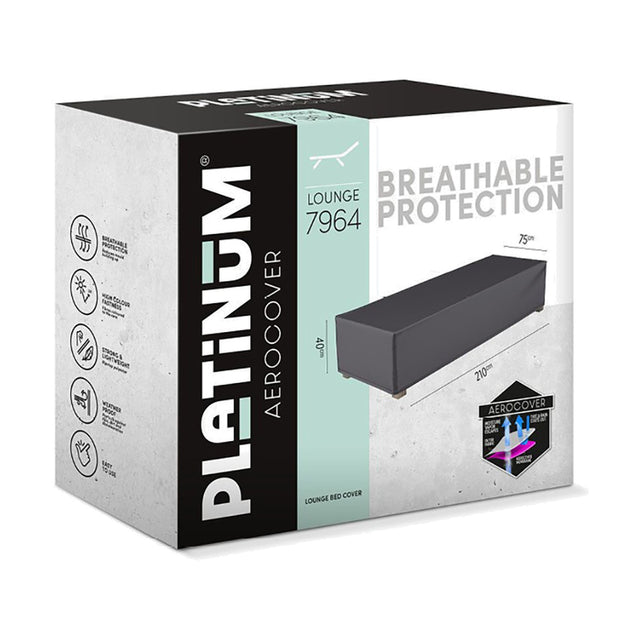 Packaging box for Platinum Aerocover Lounge 7964, an anthracite loungebed furniture cover measuring 210 x 75 x 40cm, shown with product image and feature icons.
