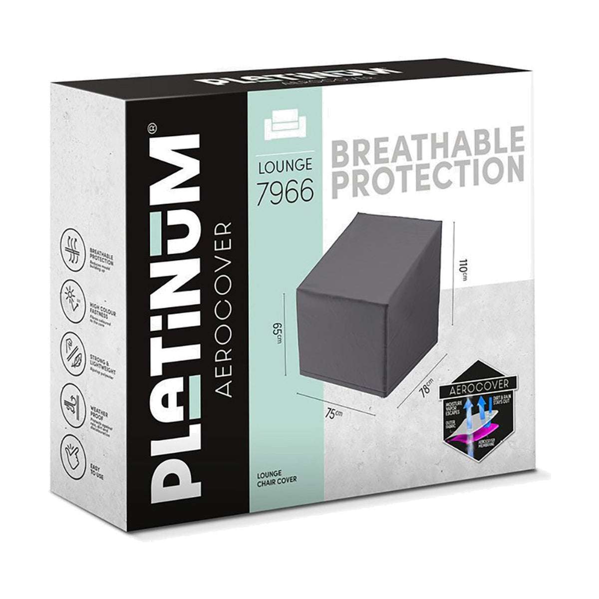 Packaging for Platinum Aerocover High Back Lounge Chair Cover, 7966, in anthracite, showing dimensions 78 x 75 x 110cm and breathable protection features.