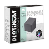 Packaging for Platinum Aerocover High Back Lounge Chair Cover, 7966, in anthracite, showing dimensions 78 x 75 x 110cm and breathable protection features.