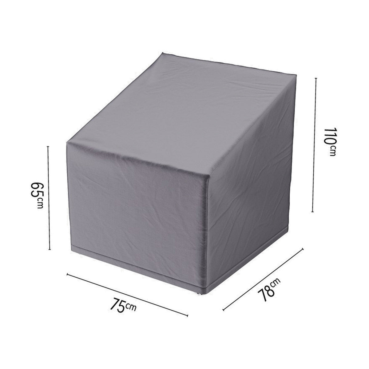 High Back Lounge Chair Aerocover in anthracite grey fabric, shown fitted over a chair shape with labelled dimensions 75cm x 78cm x 110cm, on a plain white background.