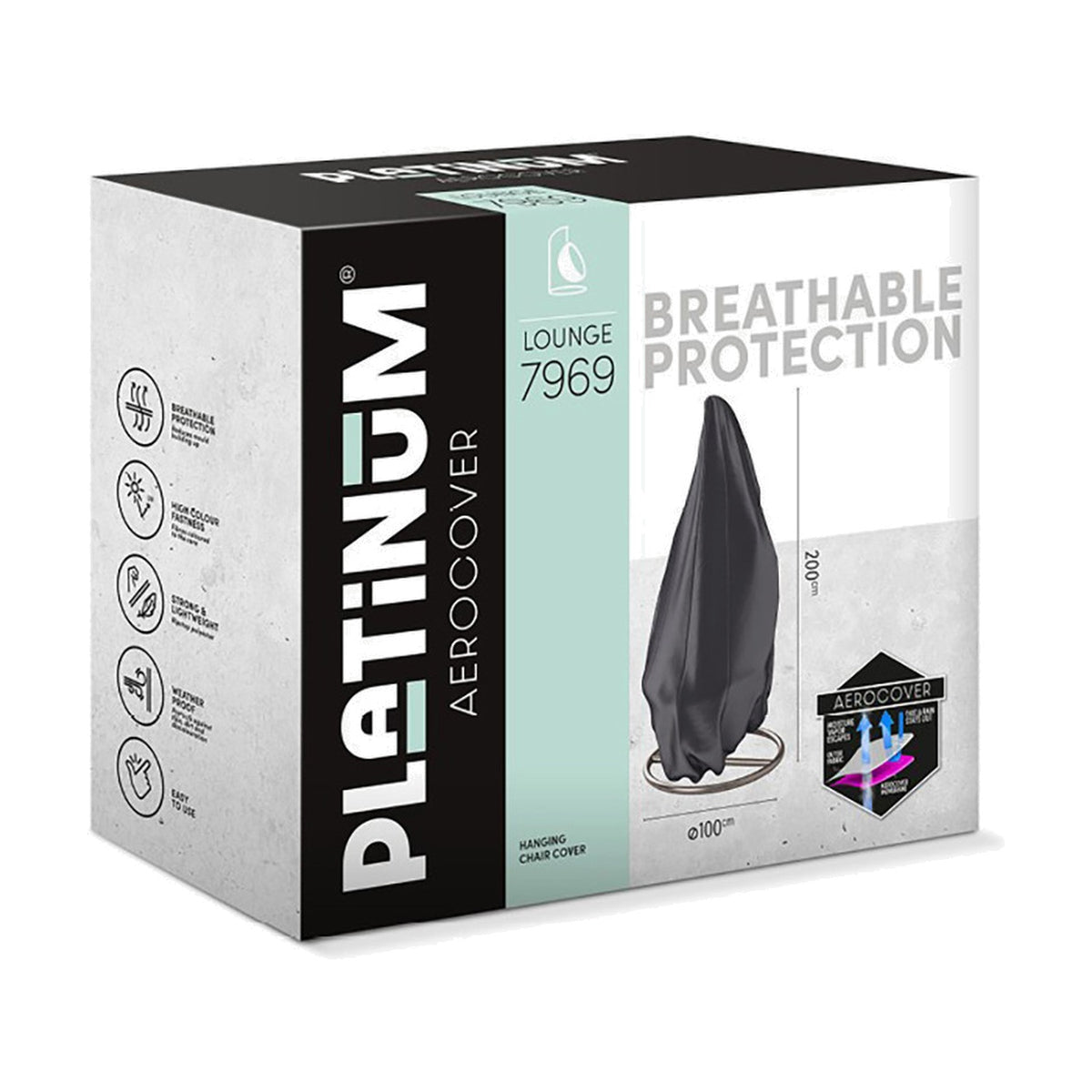 Packaging box for the Platinum Aerocover Hanging Chair Cover (7969), showing an anthracite fabric cover draped over a hanging chair, sized 100 x 100cm.