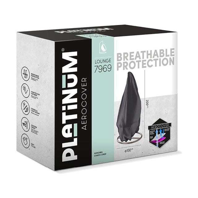 Packaging box for the Platinum Aerocover Hanging Chair Cover (7969), showing an anthracite fabric cover draped over a hanging chair, sized 100 x 100cm.