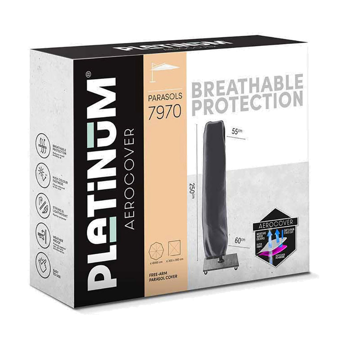 Packaging for the Cantilever Parasol Aerocover 250 x 55/60cm, an anthracite fabric free-arm parasol cover shown with size details and breathable protection features on the box.