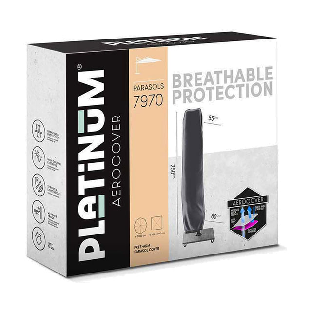 Packaging for the Cantilever Parasol Aerocover 250 x 55/60cm, an anthracite fabric free-arm parasol cover shown with size details and breathable protection features on the box.