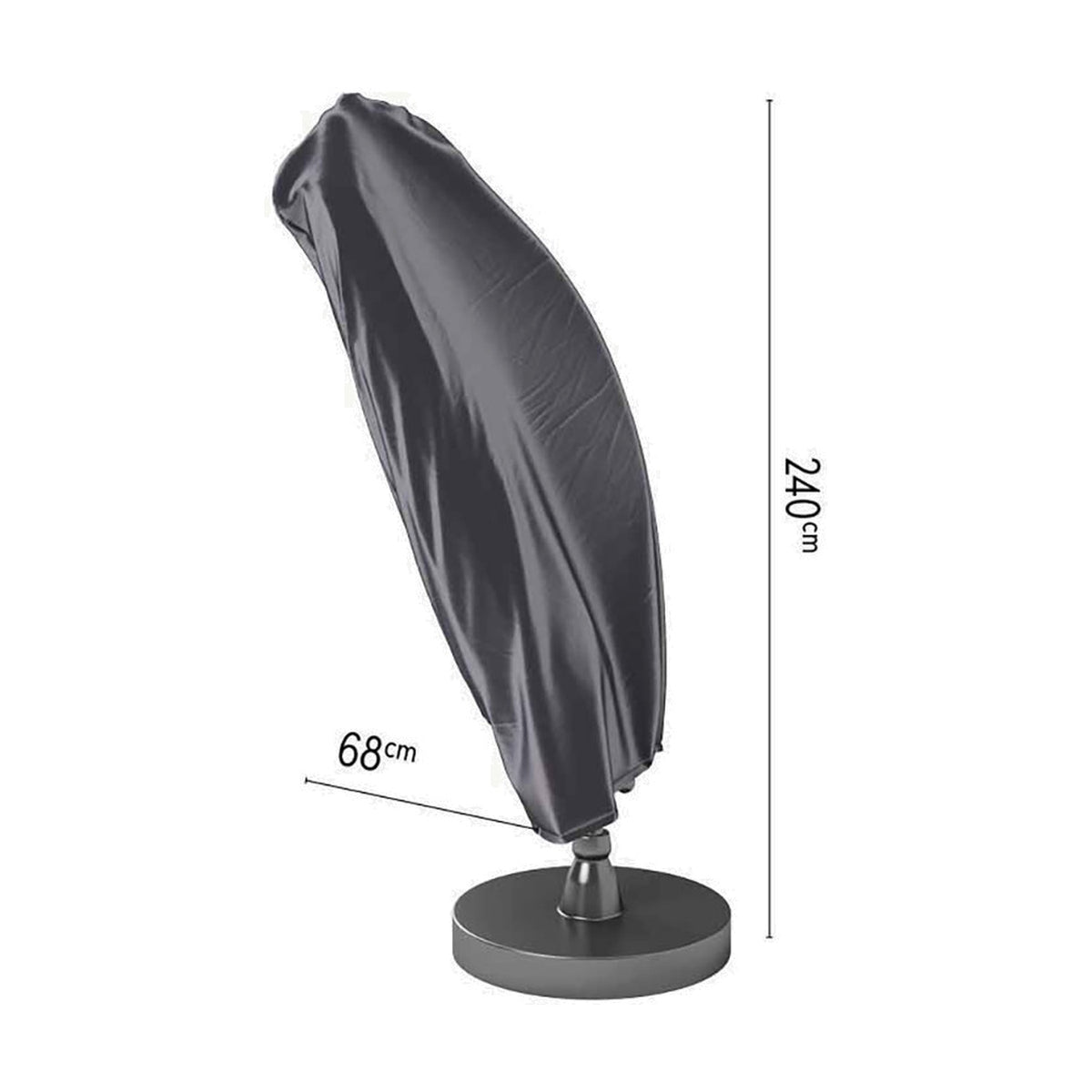 Cantilever parasol aerocover in anthracite fabric, shown fitted over a folded parasol on its round base, with 240cm and 68cm dimension markers on a white background.