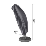Cantilever parasol aerocover in anthracite fabric, shown fitted over a folded parasol on its round base, with 240cm and 68cm dimension markers on a white background.