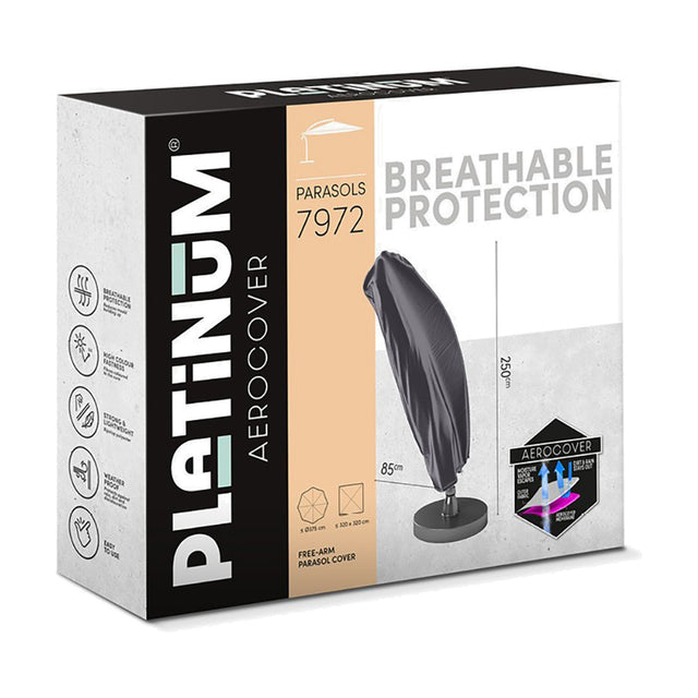 Product packaging for the Cantilever Parasol Aerocover 250 x 85 x 85cm, showing an anthracite fabric cover fitted over a free-arm parasol, with feature icons and dimensions.
