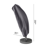 Cantilever parasol Aerocover in anthracite fabric, shown fitted over a tilted parasol on a round base, with 250cm height and 85 x 85cm base dimensions marked, against a plain white background.