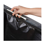 Hand pulling a white drawstring rod through the anthracite fabric hem of the Parasol Aerocover 215 x 30/40 x 40cm outdoor cover.