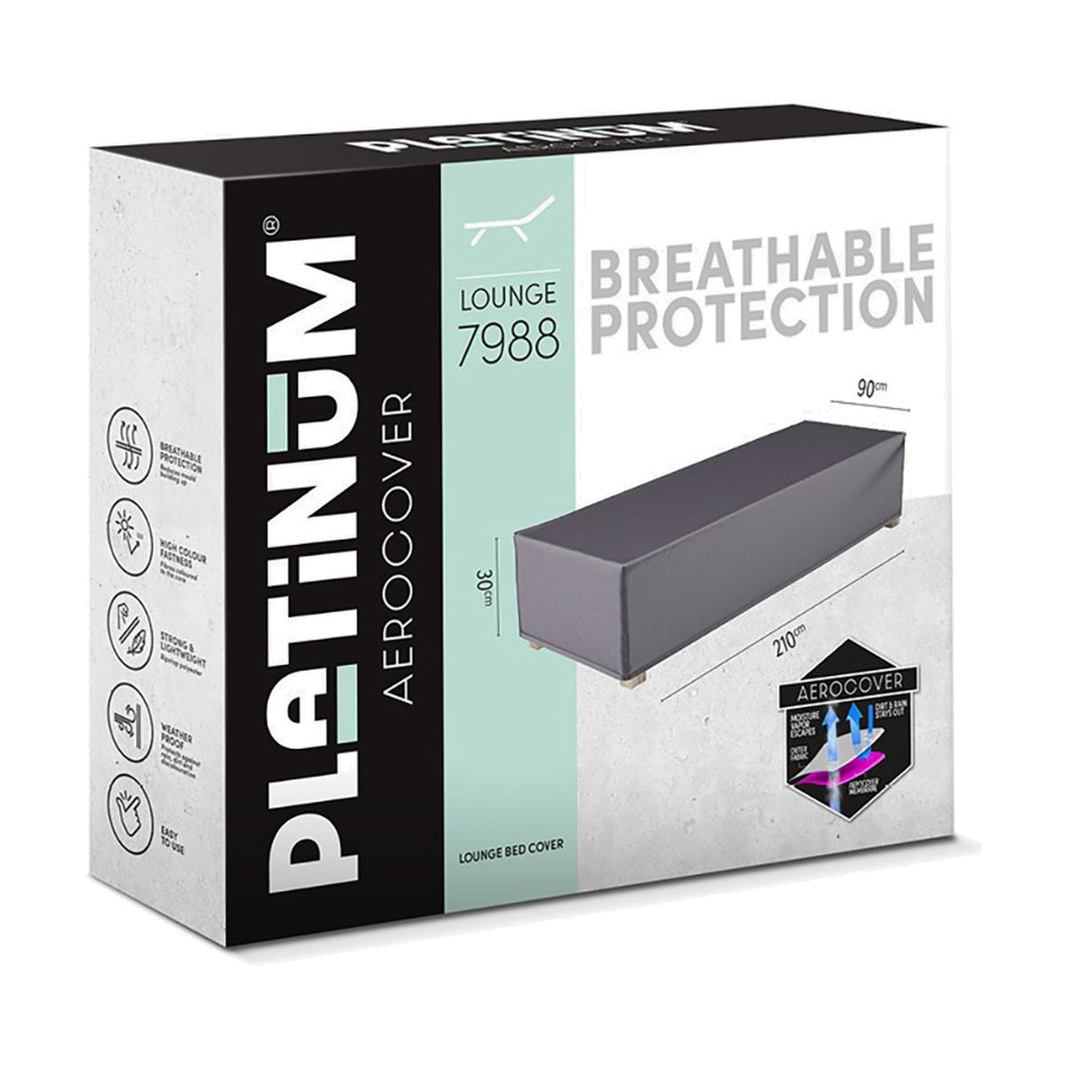 Platinum Aerocover Lounge 7988 packaging showing an anthracite grey sunbed cover, 210 x 90 x 30cm, with feature icons and dimensions illustrated.