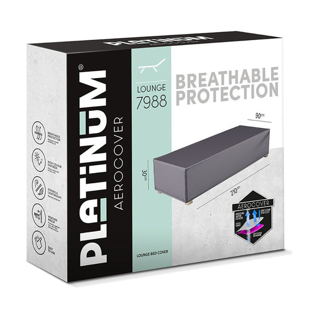 Platinum Aerocover Lounge 7988 packaging showing an anthracite grey sunbed cover, 210 x 90 x 30cm, with feature icons and dimensions illustrated.