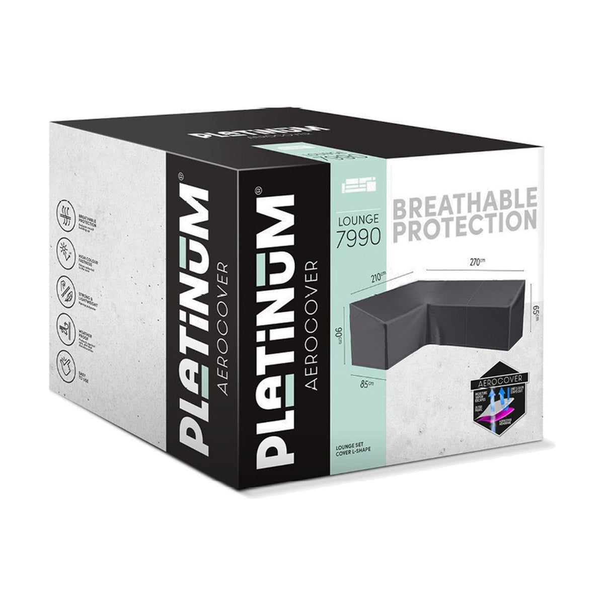 Product packaging for the Platinum Aerocover L-shape lounge set cover, model 7990, in anthracite, showing dimensions and breathable protection features on a white background.