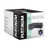 Product packaging for the Platinum Aerocover L-shape lounge set cover, model 7990, in anthracite, showing dimensions and breathable protection features on a white background.