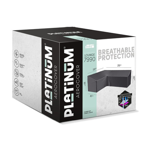 Product packaging for the Platinum Aerocover L-shape lounge set cover, model 7990, in anthracite, showing dimensions and breathable protection features on a white background.