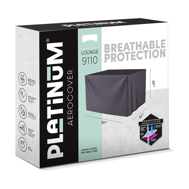 Product packaging for the Platinum Aerocover Firetable cover, 84 x 64 x 45cm, shown in anthracite fabric with dimensions labelled on the box.