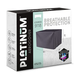 Product packaging for the Platinum Aerocover Lounge 9118, a 110 x 84 x 70cm anthracite fire table cover shown boxed with dimensions and breathable protection icons.