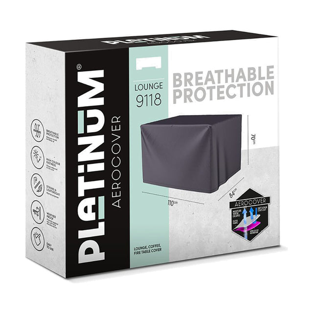 Product packaging for the Platinum Aerocover Lounge 9118, a 110 x 84 x 70cm anthracite fire table cover shown boxed with dimensions and breathable protection icons.