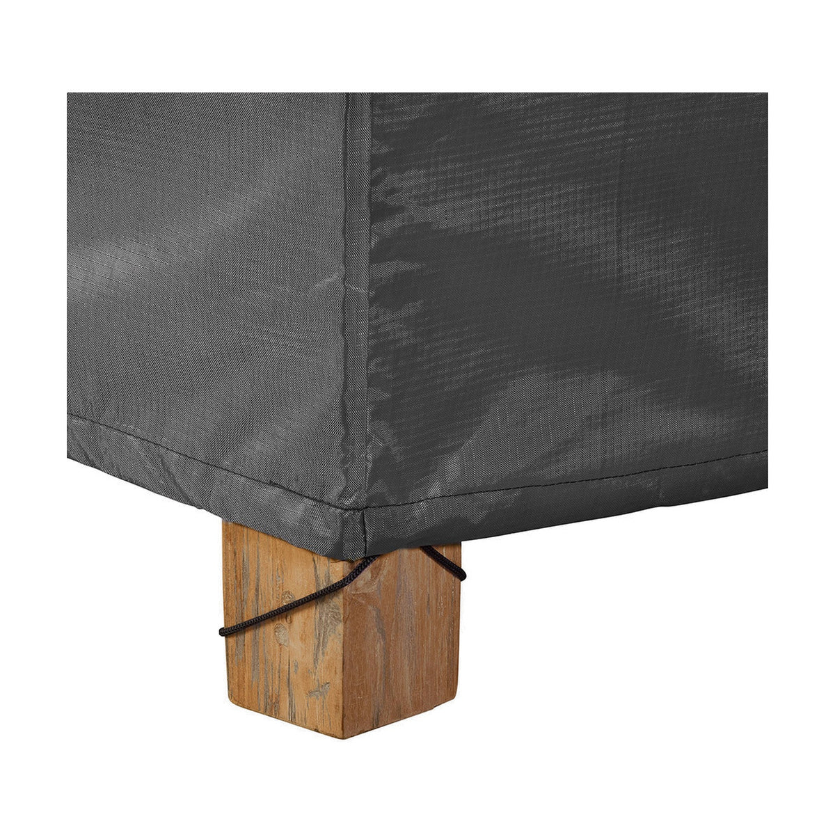 Close-up of the Firetable Aerocover, 110 x 84cm, in anthracite fabric with a drawstring corner secured around a wooden block foot, shown against a plain white background.