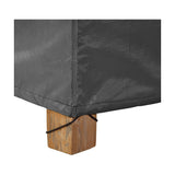 Close-up of the Firetable Aerocover, 110 x 84cm, in anthracite fabric with a drawstring corner secured around a wooden block foot, shown against a plain white background.