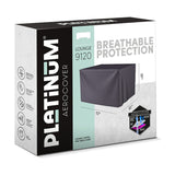 Packaging for the Platinum Aerocover Lounge 9120 firetable cover, 112 x 82cm, anthracite fabric, shown on retail box with breathable protection graphics.