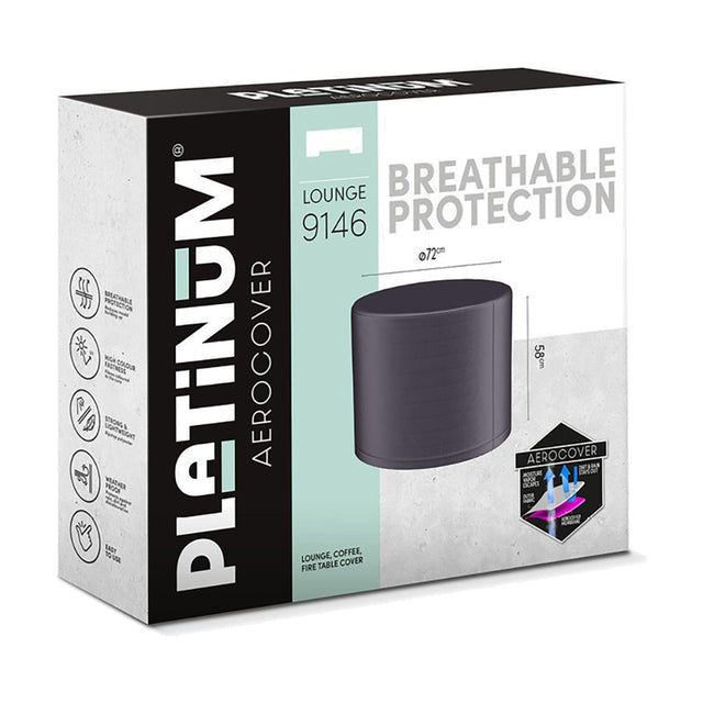 Product packaging for the Platinum Aerocover Lounge 9146, a round anthracite fabric firetable cover, Ø72cm x 58cm, shown with feature icons on a white background.