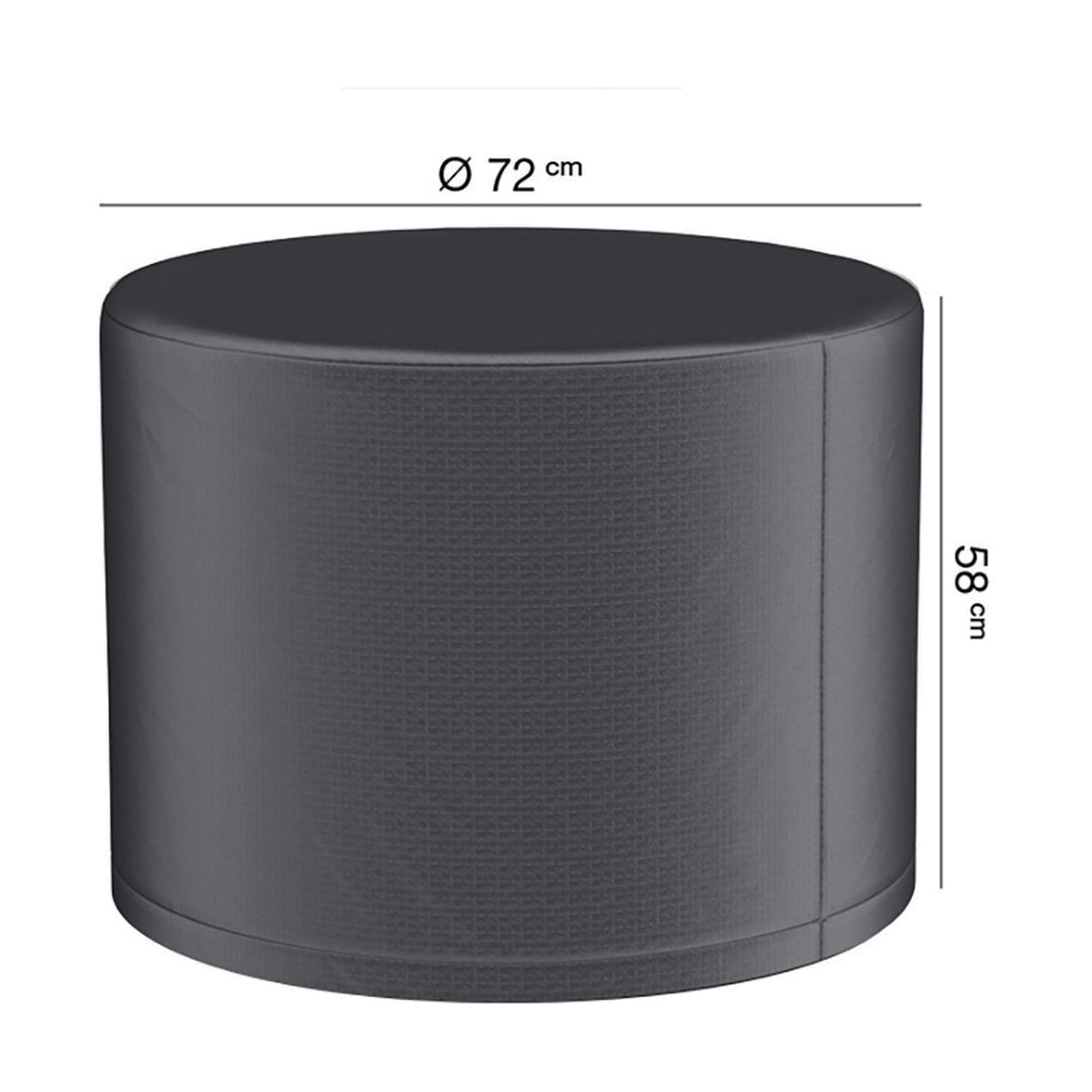Round anthracite firetable Aerocover in fabric, shown on a plain white background with diameter 72cm and height 58cm labelled.