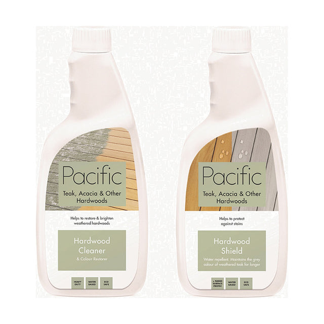 Two white plastic spray bottles with screw caps, labelled Pacific Hardwood Cleaner & Colour Restorer and Hardwood Shield, shown against a plain white background.
