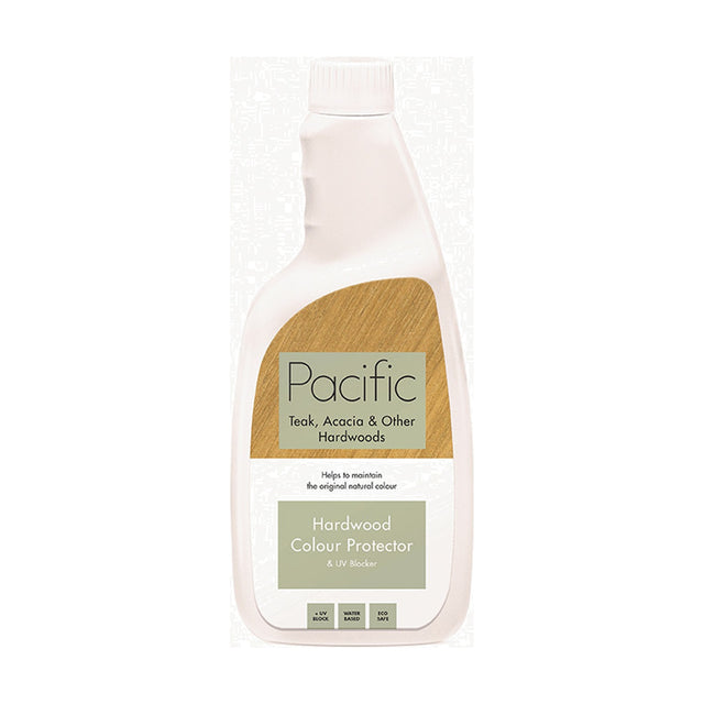 White plastic 750ml bottle of Pacific Hardwood Colour Protector & UV Blocker garden furniture cleaner with screw cap, shown on a plain white background.