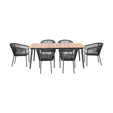 Reims Outdoor Dining Set with a rectangular wood-effect tabletop on grey aluminium legs, surrounded by six grey woven-back chairs with cushioned seats, on a plain white background.