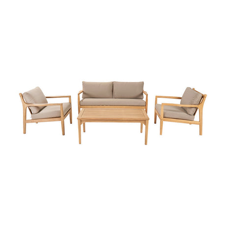 Beige Acacia Outdoor Seating Set with two-seater loveseat, two armchairs, and slatted coffee table in natural wood with taupe cushions, on a plain white background.
