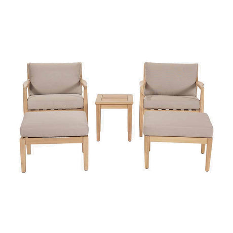 Malta Outdoor Hocker Set featuring two wooden armchairs with beige cushions and matching footstools, plus a slatted wood side table, in light teak-look finish on a white background.