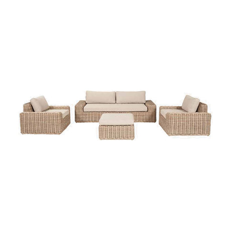 Como Natural Antique outdoor seating set with woven rattan-effect aluminium frame, three-seat sofa, two armchairs and coffee table, beige cushions, on a plain white background.