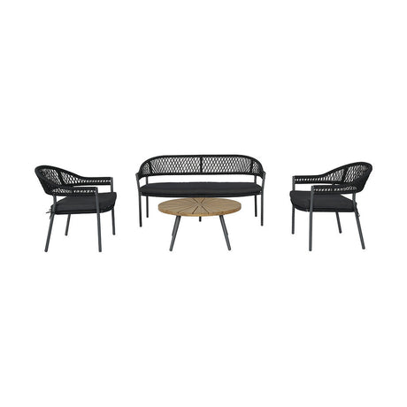 Bazel Outdoor Seating Set in black aluminium with woven rope detailing, featuring two armchairs, a bench, and a round wood-effect coffee table on a plain white background.