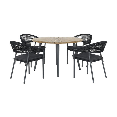 Bazel Outdoor 4 Seater Dining Set with round wood-effect table on grey aluminium legs, surrounded by four black woven rope chairs with dark cushions, on a plain white background.