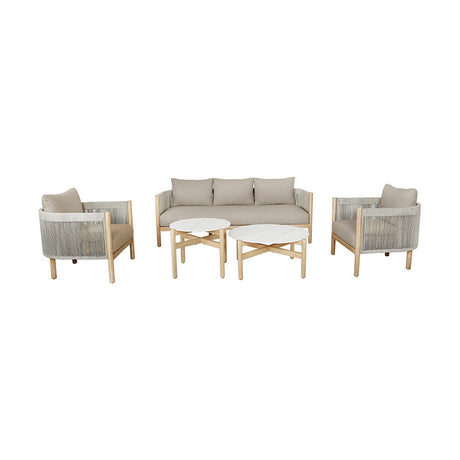 Marche Outdoor Seating Set with a three-seat sofa, two armchairs and two round marble-top coffee tables, featuring grey woven fabric, wood frames and beige cushions on a plain white background.