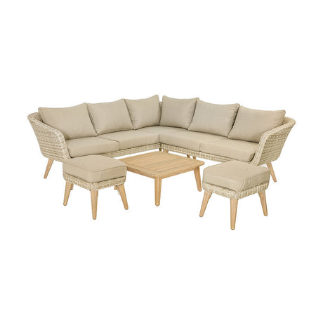 Cabon Outdoor Corner Seating Set with woven natural-finish frame, beige cushions, two matching footstools and a wooden coffee table, on a plain white background.