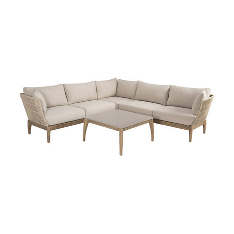 Moeven Outdoor Corner Seating Set with woven acacia frame and beige cushions, paired with a square composite-top coffee table, on a plain white background.