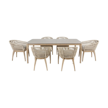 Moeven Outdoor 6 Seater Dining Set with a rectangular table and six woven rope-back chairs on wooden legs, in natural beige tones on a plain white background.