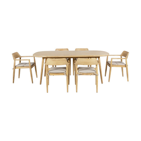 Salita Outdoor 6 Seater Dining Set in natural wood, with an oval table and four armless chairs plus two carver chairs featuring beige seat cushions, shown on a plain white background.