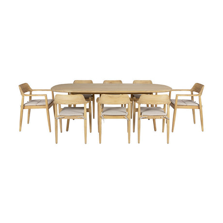 Salita Outdoor 8 Seater Dining Set in natural wood, oval table with two carver chairs and six armless chairs featuring woven seats, shown on a plain white background.