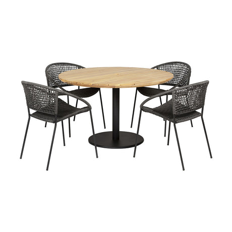 Dakota Black Outdoor 4 Seater Dining Set - 77cm, a round wood-top table with black metal base and four black woven rope dining chairs on a plain white background.