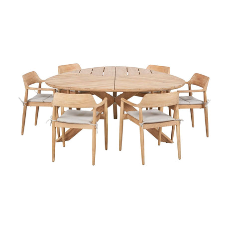 Reuleaux Outdoor 6 Seater Dining Set in natural teak, featuring a round wooden table with six armchairs with beige seat cushions, shown on a plain white background.