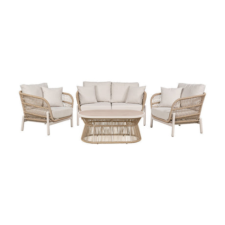 Martic Outdoor Seating Set in latte and ash, featuring a two-seat sofa, two armchairs with woven fibre frames, and an oval coffee table, shown on a plain white background.